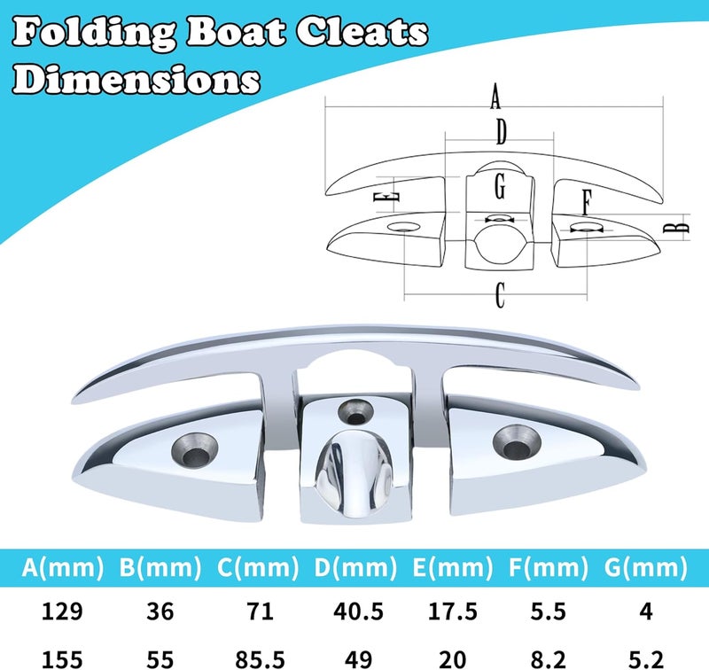 Pvrud Folding Boat Cleats 316 Stainless Steel - 5"/6" Marine Grade Flip-Up Dock Cleats with Backing Plates & Fasteners - Compatible with Yacht, Kayak, Pontoon - 2/4 Pack - Image 3